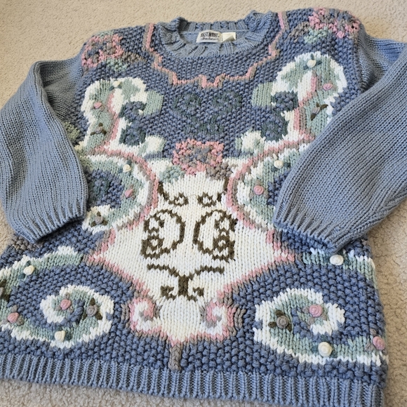 Vintage East West Cottagecore Blue Floral Swirl Sweater Womens Size Large - Picture 2 of 9